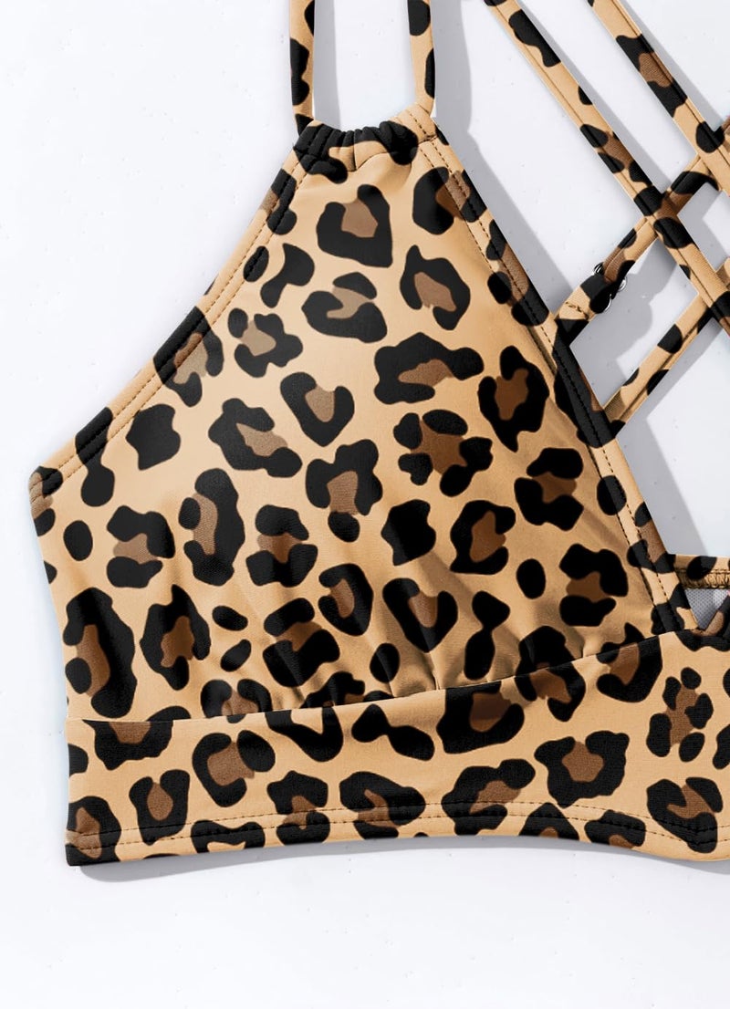 Tainehs Women's Push Up V Neck Bikini Tops Criss Cross Back Padded Bathing Suit Top Only Leopard - Image 5