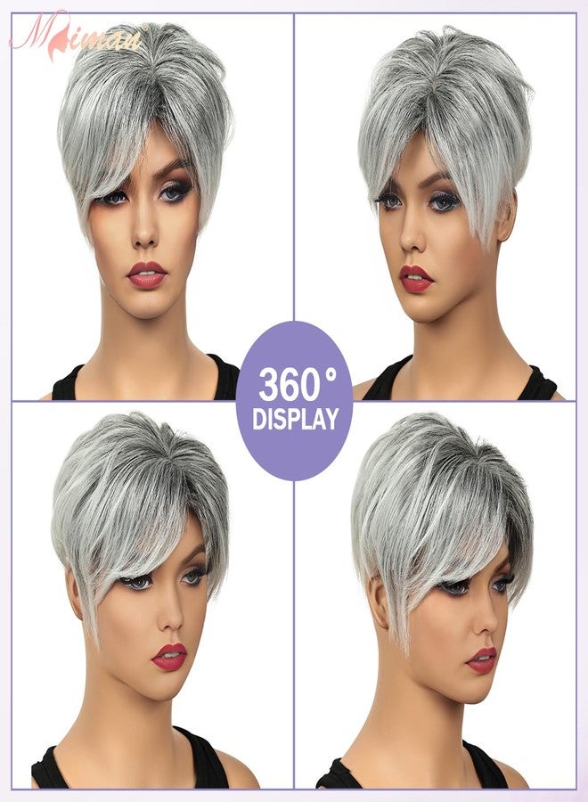 MIMAN Short Pixie Hair Toppers for Women Grey Fluffy Covering Hairpieces with Bangs Synthetic Pixie Topper for Thinning Hair Natura Looking Clip In Hairpieces - Image 3