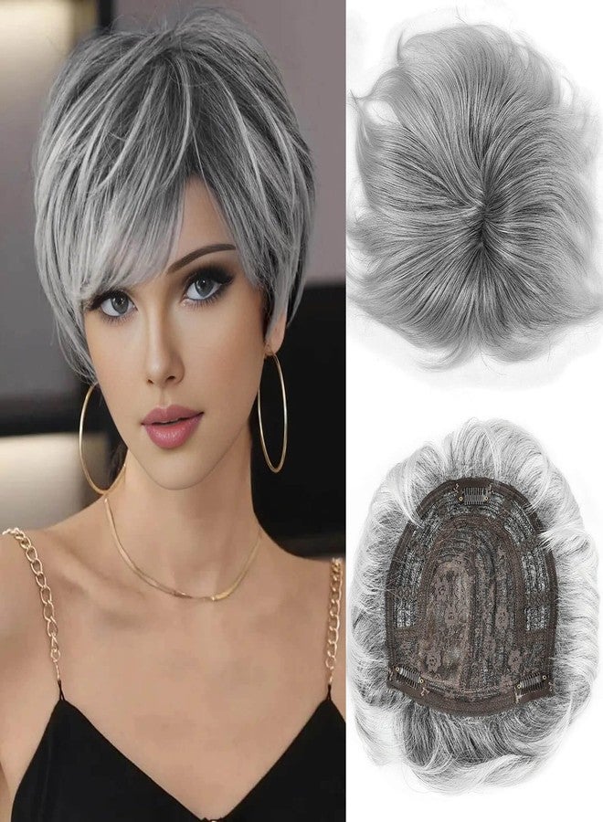 MIMAN Short Pixie Hair Toppers for Women Grey Fluffy Covering Hairpieces with Bangs Synthetic Pixie Topper for Thinning Hair Natura Looking Clip In Hairpieces - Image 1