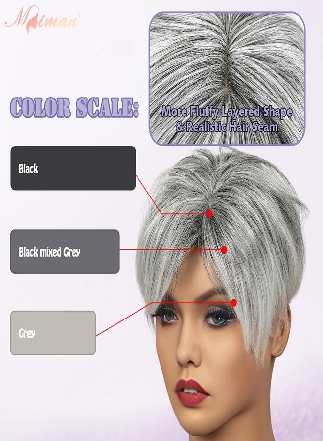 MIMAN Short Pixie Hair Toppers for Women Grey Fluffy Covering Hairpieces with Bangs Synthetic Pixie Topper for Thinning Hair Natura Looking Clip In Hairpieces - Image 5