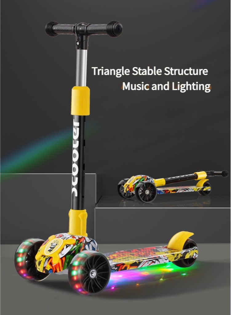 متجر الفرح سكوتر فلاش ويل ميوزيك لايت قابل للطي للأطفال، 3 عجلات سكوتر للأطفال الصغار بعمر 6 سنوات للأولاد والبنات يتعلمون القيادة، سكوتر أطفال أسود 3 ارتفاع قابل للتعديل، سطح عريض للغاية - Image 3