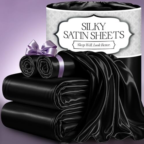 DECOLURE Satin Bed Sheets - 4 Piece Luxury Silky Queen Size Bedding Set - Softer Than Silk, Wrinkle-Free with 15” Deep Pocket Fitted Sheet, Perfect for Hair & Skin, Gifts for Women (Black) - Image 1