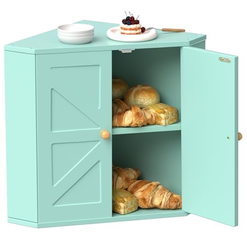 TQQDCI Corner Bread Box for Kitchen Countertop,Storage Container for Homemade Bread, Double Layer BreadBox, Large Capacity Bread Storage Bin, Vintage Farmhouse Breadbox Organizer, Green - Image 1