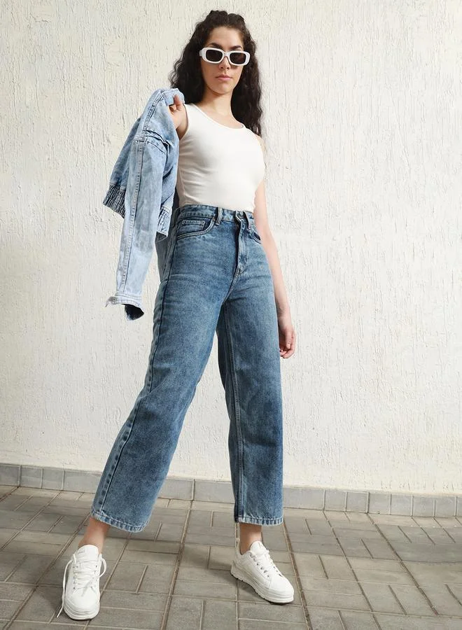هوبرهولمي Women's Indigo 100% Cotton Solid Pattern Full Length Relaxed Jeans