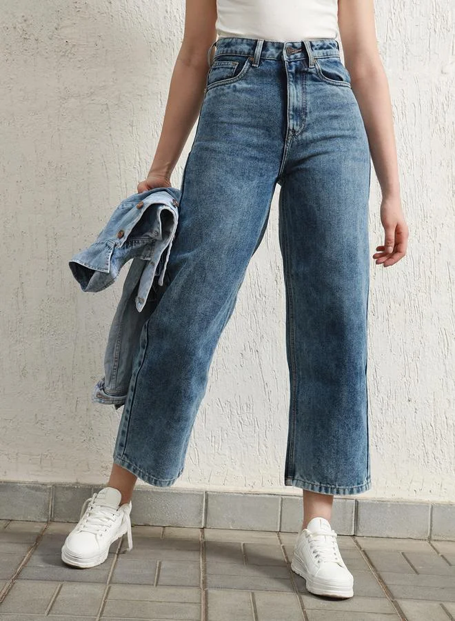 هوبرهولمي Women's Indigo 100% Cotton Solid Pattern Full Length Relaxed Jeans