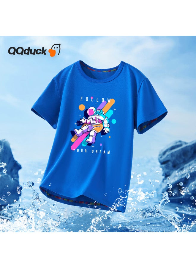 Qq Duck Children's Clothing, Boys' T-shirt, Girls' Short-sleeve Top, Summer Student Wear, Colorful Astronaut Design, Blue; Size 150
