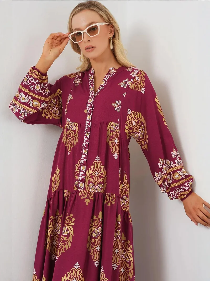 Big Dart Burgundy Red BDART Patterned V-Neck Maxi Dress with Button Closure for Women | Best Price UAE