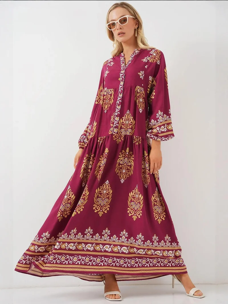 Big Dart Burgundy Red BDART Patterned V-Neck Maxi Dress with Button Closure for Women | Best Price UAE