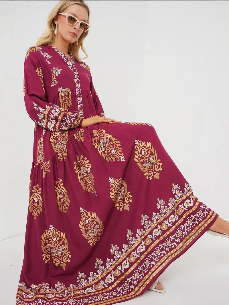 بيغ دارت فستان ماكسي بياقة على شكل حرف  بنقوش وزر إغلاق من