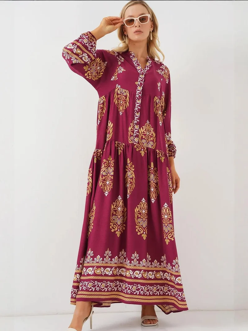 Big Dart Burgundy Red BDART Patterned V-Neck Maxi Dress with Button Closure for Women | Best Price UAE