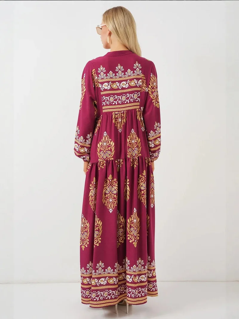 Big Dart Burgundy Red BDART Patterned V-Neck Maxi Dress with Button Closure for Women | Best Price UAE