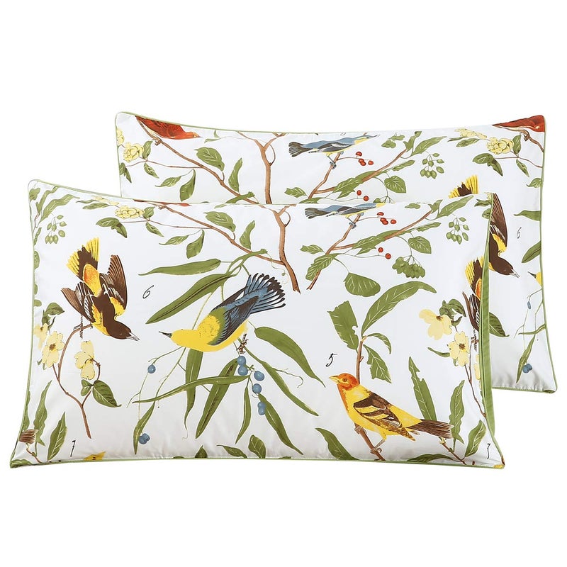 WINLIFE 100% Cotton Pillowcases Queen 2 Pillow Cases Decorative Farmhouse Green Leaves Birds Printed Pillow Cover Set of 2 (Queen 20x30'', Birds)