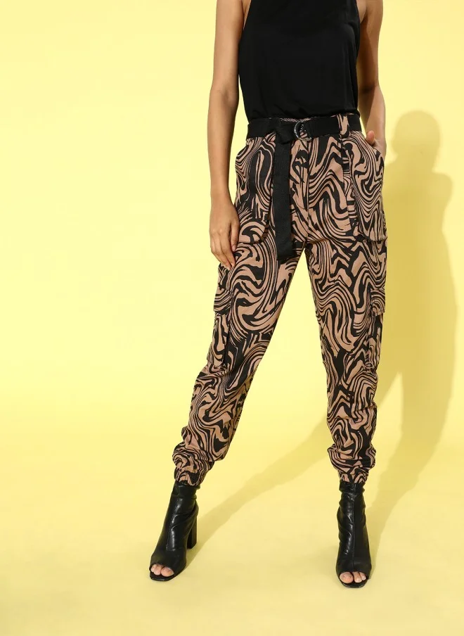 STREET 9 Beige Abstract Cargo Trousers for Women