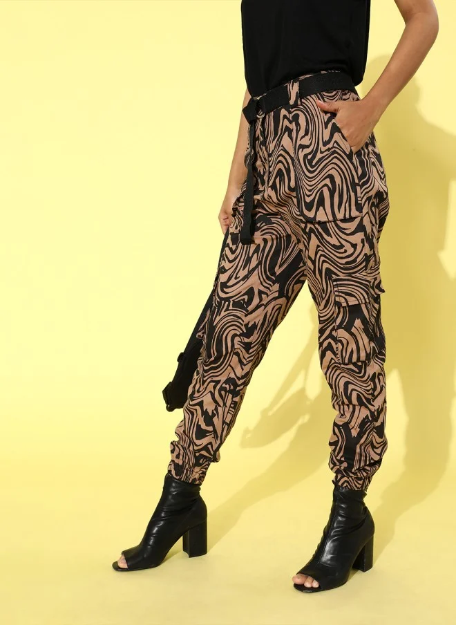 STREET 9 Beige Abstract Cargo Trousers for Women