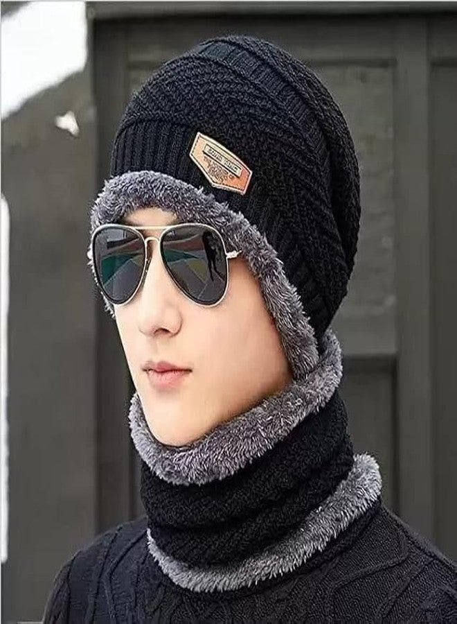 ELRINZA Men & Women Winter Wear Combo - Soft Fleece Lined Woolen Beanie Cap and Muffler Scarf Set | Thermal Warm Knit Skull Hat for Unisex (Pack of 2, Black) - Image 2