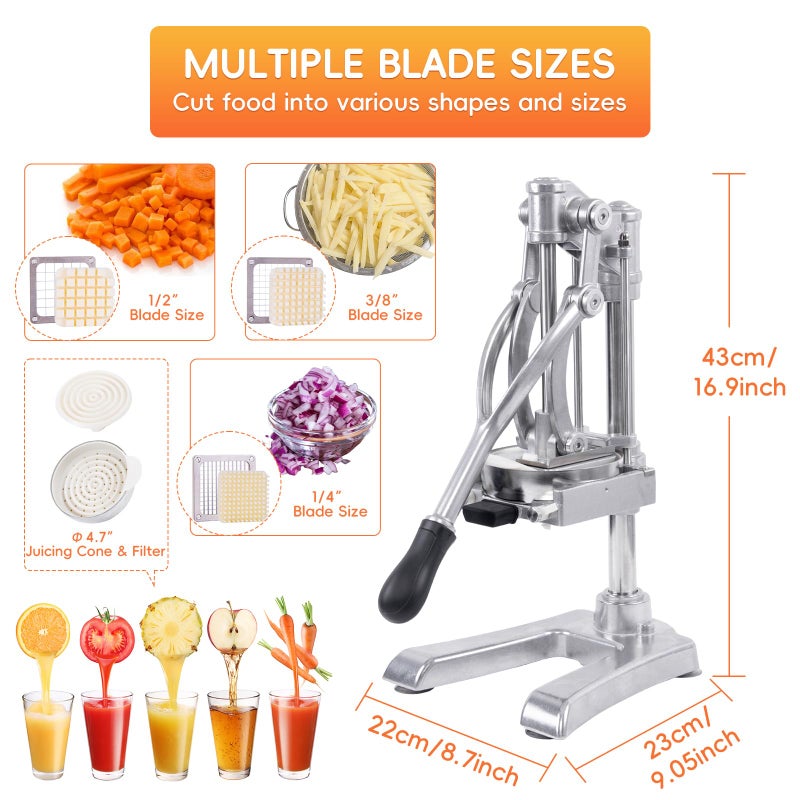 BotaBay Commercial Vegetable Fruit Chopper, Hand Press Juicer, Professional Citrus Juicer for Lime Lemon, Stainless Steel Food Dicer French Fry Cutter Slicer 1/4â€³ & 3/8â€³ & 1/2" Blade - Image 3