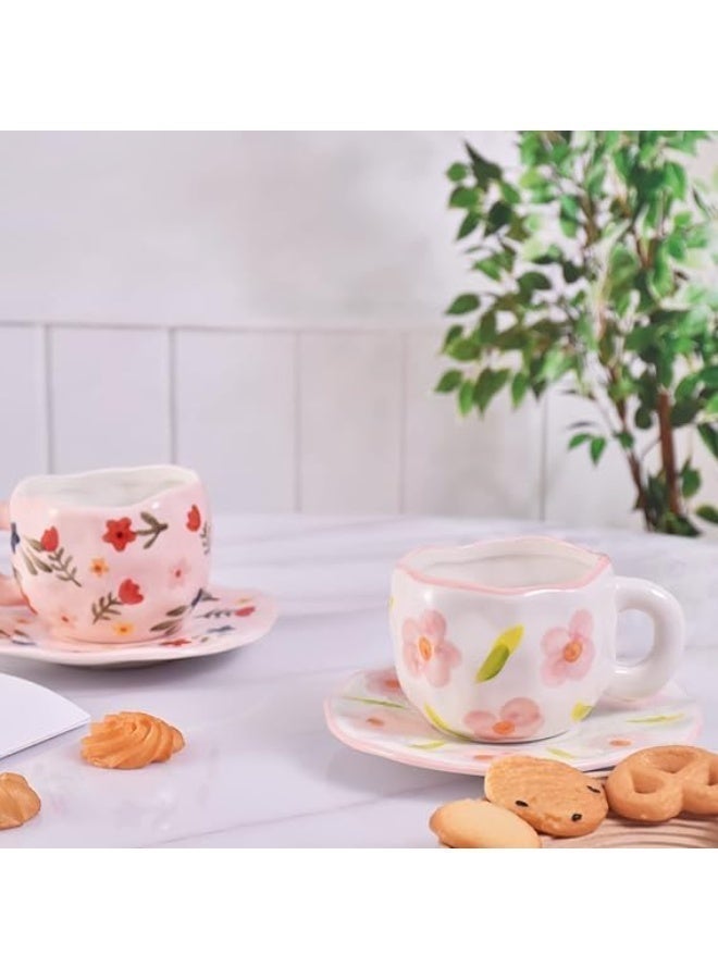 Porcelain Coffee and Tea Cup , Floral and Heart Pattern, Colorful Handle, Microwave and Dishwasher Safe - Image 3