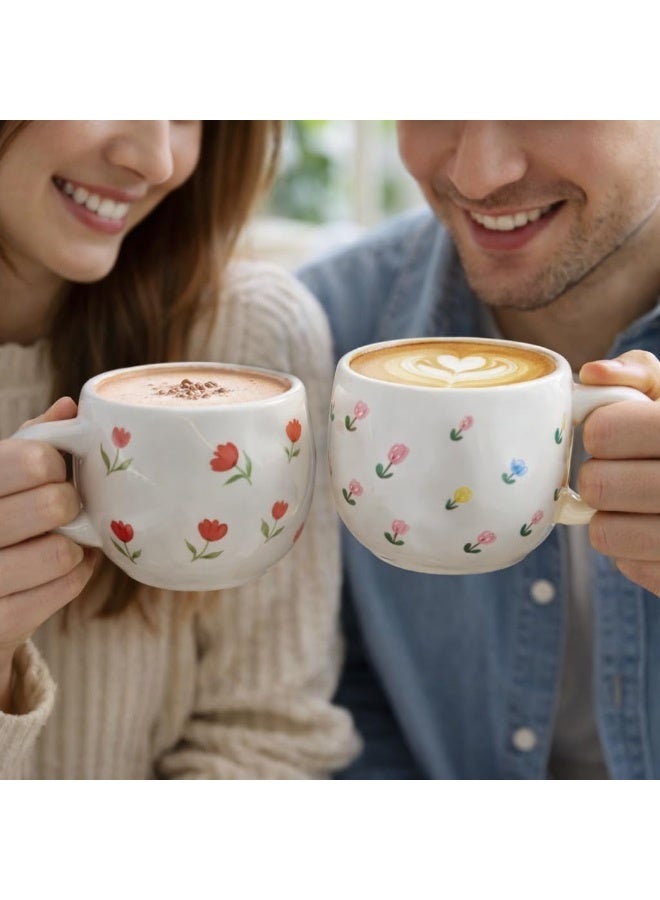 Porcelain Coffee and Tea Cup , Floral and Heart Pattern, Colorful Handle, Microwave and Dishwasher Safe - Image 5
