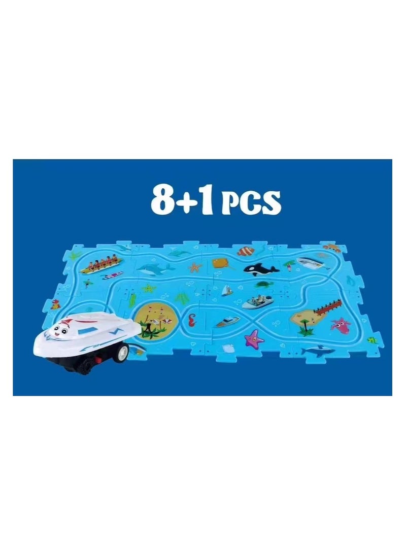 8PCS Car Puzzle with 1 DIY Assembling Electric Trolley - Rail Car Track Jigsaw Puzzle Toy, Children's Educational Floor Puzzle, Ocean Theme - Image 1