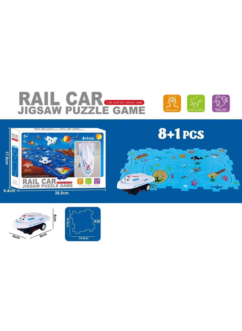 8PCS Car Puzzle with 1 DIY Assembling Electric Trolley - Rail Car Track Jigsaw Puzzle Toy, Children's Educational Floor Puzzle, Ocean Theme - Image 2