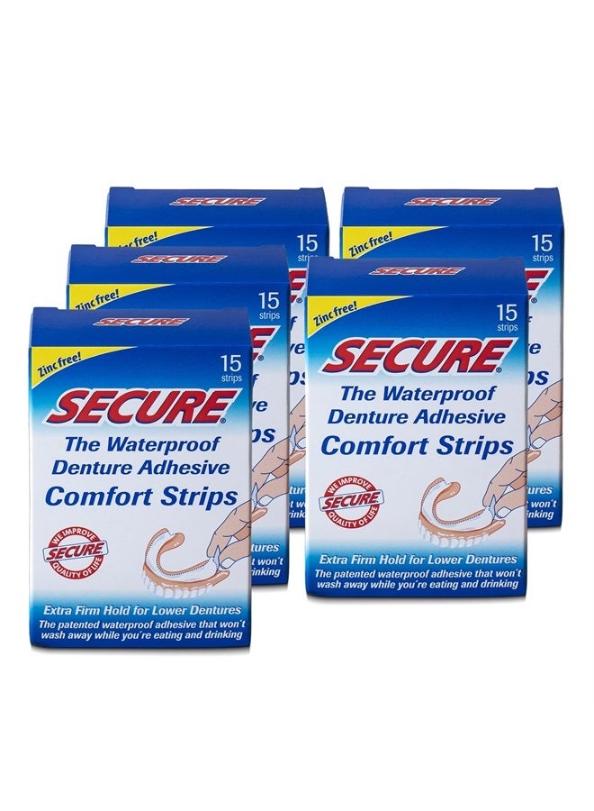 secure Denture Adhesive Strips – Zinc Free – Waterproof – Comfortable Cushion Fit for Uppers & Lowers – Extra Firm All-Day-Hold – No Mess – Clean Ingredients – 75 Strips Total (5 Pack) 15 Strips ea - Image 1