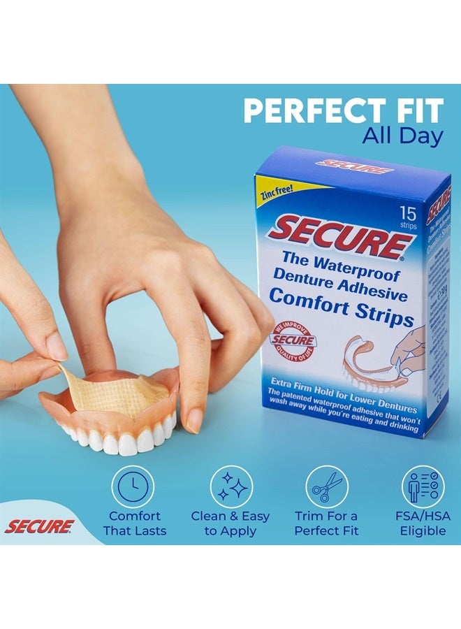 secure Denture Adhesive Strips – Zinc Free – Waterproof – Comfortable Cushion Fit for Uppers & Lowers – Extra Firm All-Day-Hold – No Mess – Clean Ingredients – 75 Strips Total (5 Pack) 15 Strips ea - Image 3
