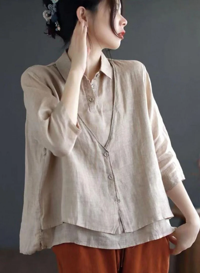 YUNIQEE Beige Shirt Collar Three-Quarter Sleeves Solid Top