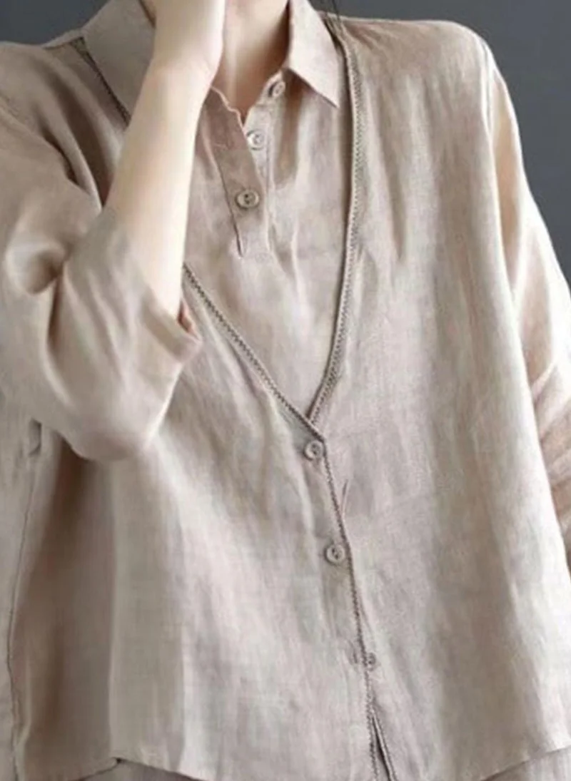 YUNIQEE Beige Shirt Collar Three-Quarter Sleeves Solid Top
