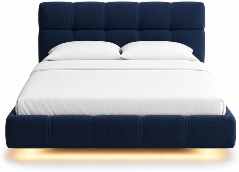 Modern Upholstered LED Floating Bed Frame with Tufted Headboard - Navy Blue, Queen Size (160x200cm with Spring Pillow Top Mattress) - Image 3