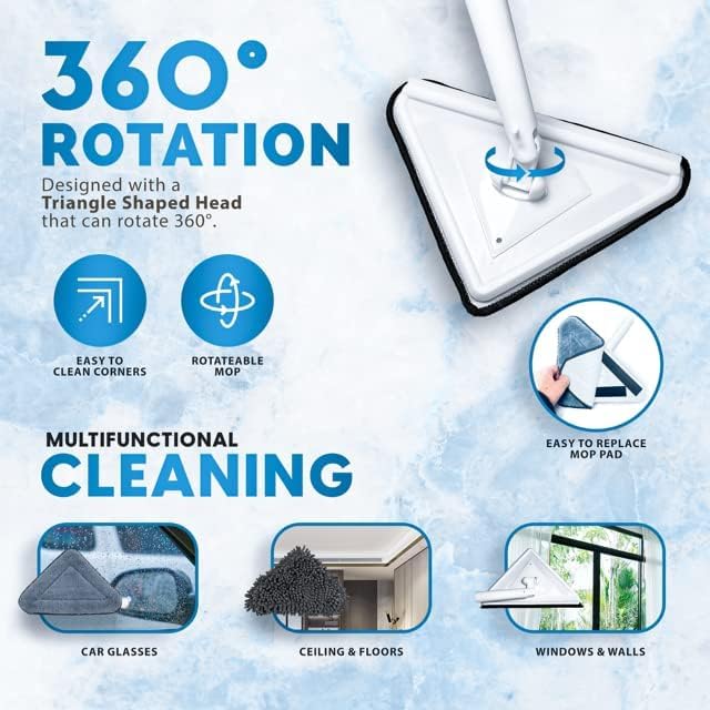 Deoxys Wall Cleaning Mop Wall Mop with Long Handle Extendable Triangles Mop with Squeegee Rotatable Ceiling Window Glass Cleaning Mop for Cleaning 40 Inch - Image 3