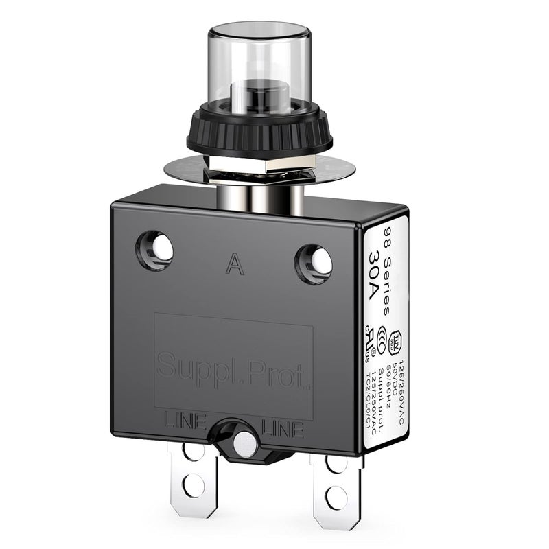 DIYhz Thermal Circuit Breaker,98 Series 30A 125/250VAC Circuit Breaker Push-Button Reset with Quick Connect Terminals and Waterproof Button Cover 32VDC Thermal Overload Circuit Breaker - 30 Amp, 1 Pcs - Image 1