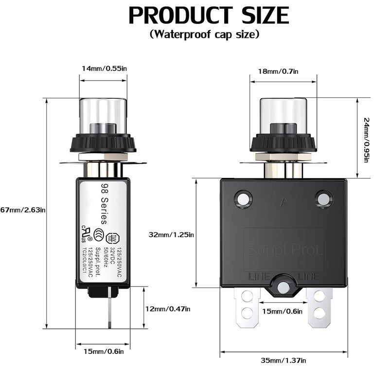 DIYhz Thermal Circuit Breaker,98 Series 30A 125/250VAC Circuit Breaker Push-Button Reset with Quick Connect Terminals and Waterproof Button Cover 32VDC Thermal Overload Circuit Breaker - 30 Amp, 1 Pcs - Image 3