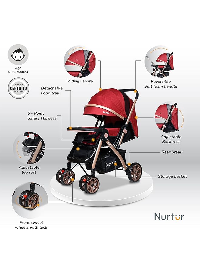 Nurtur Wilder Baby Kids Travel Stroller 5 Point Safety Harness Adjustable Backrest And Canopy Reversible - Image 2