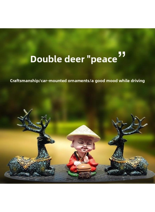 Car Cute Creative Car Car Sika Deer Car Decorations Ornaments Small Shaking Head To Guarantee Peace Monk-Color:Shaking Head Monk Calm + (double Deer Peace Dog + Anti-slip Mat-Scale:1:8  - Image 3