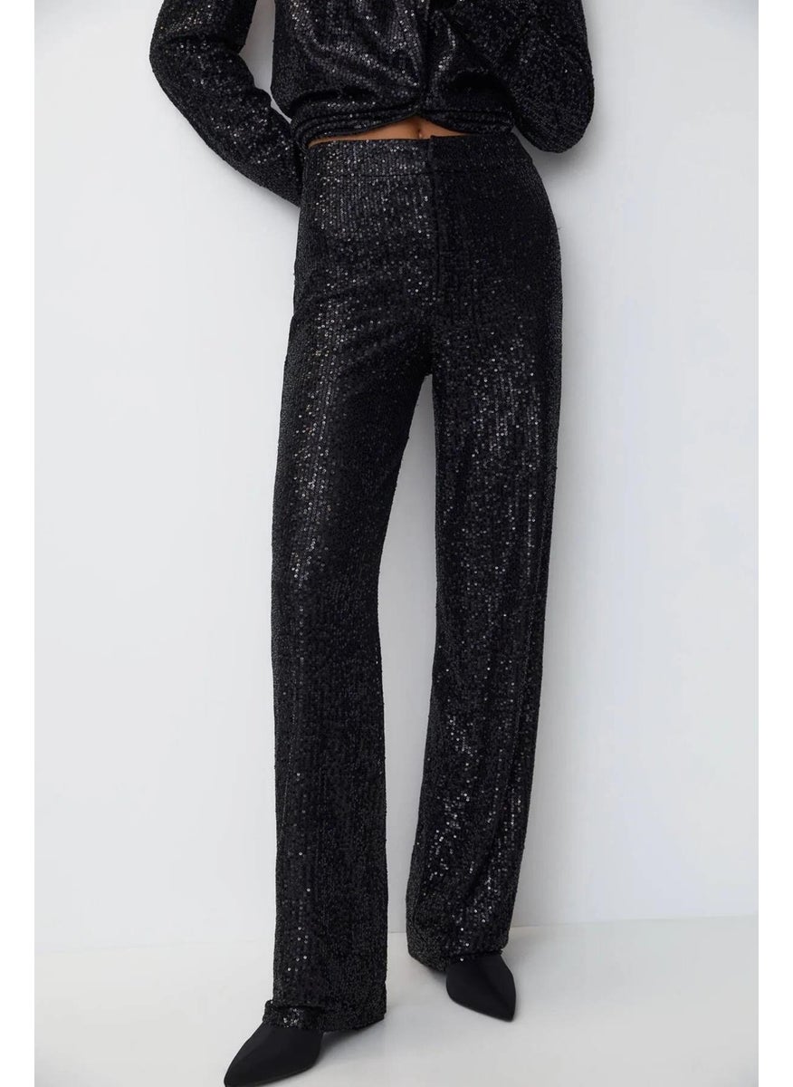 Tena Women's Black High Waist Sequined Bell-bottomed Trousers  - Image 1