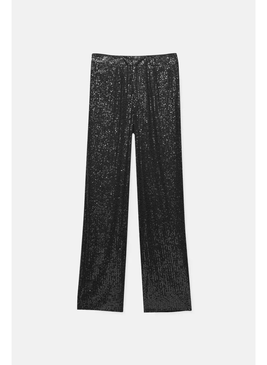 Tena Women's Black High Waist Sequined Bell-bottomed Trousers