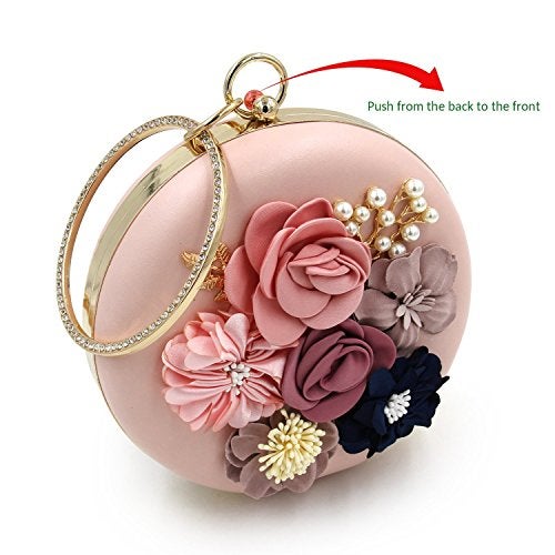 INOVERA (LABEL) Women's Floral Evening Clutch Ladies Party Wedding Round Purse Bag, Rose Gold - Image 4