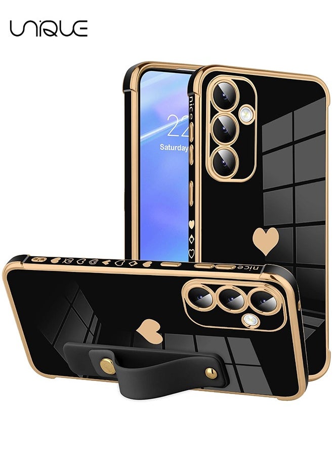 Unique Compatible with Samsung Galaxy A55 Case - Adjustable Wrist Strap Kickstand - Cute Heart Luxury Gold Plating Bumper - Women Girl Men Protective Case Cover - Black  - Image 1