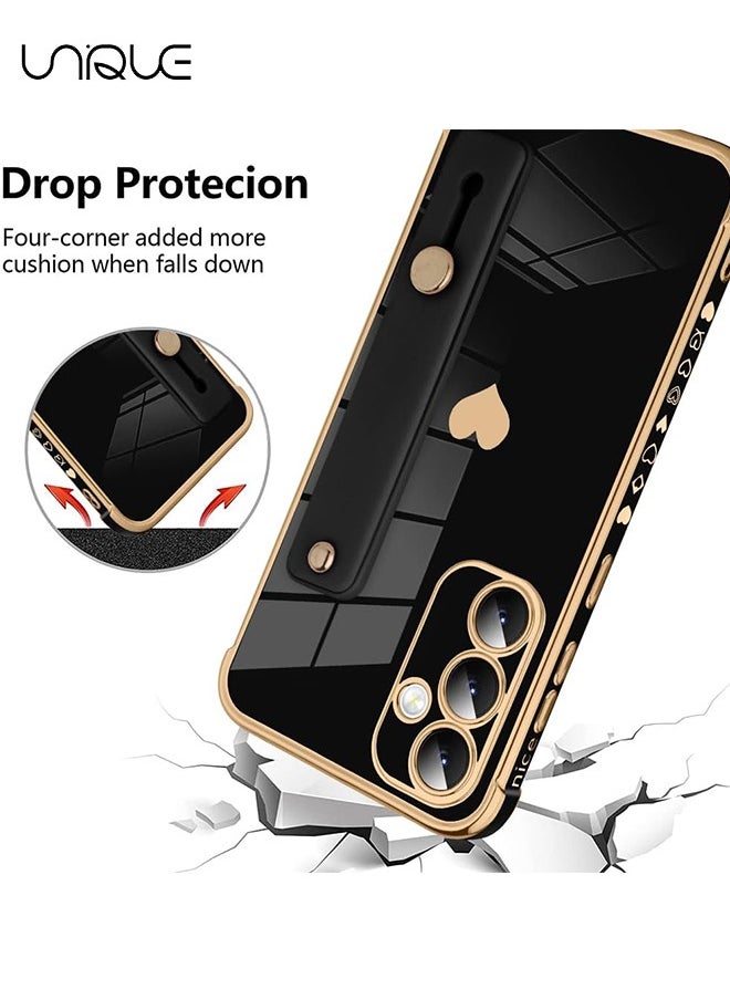 Unique Compatible with Samsung Galaxy A55 Case - Adjustable Wrist Strap Kickstand - Cute Heart Luxury Gold Plating Bumper - Women Girl Men Protective Case Cover - Black  - Image 2