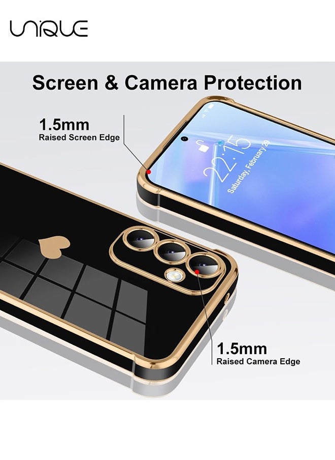 Unique Compatible with Samsung Galaxy A55 Case - Adjustable Wrist Strap Kickstand - Cute Heart Luxury Gold Plating Bumper - Women Girl Men Protective Case Cover - Black  - Image 3