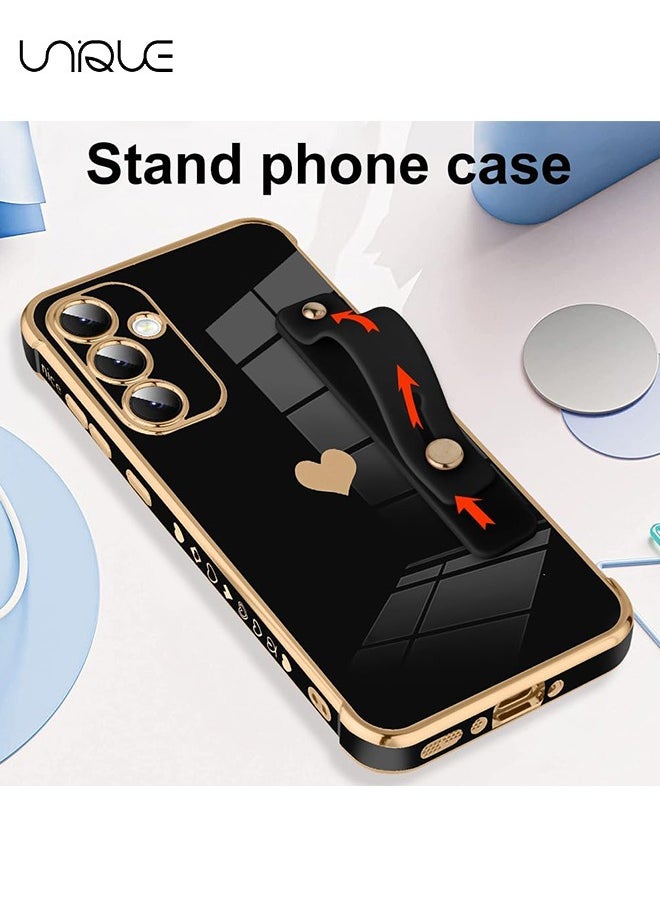 Unique Compatible with Samsung Galaxy A55 Case - Adjustable Wrist Strap Kickstand - Cute Heart Luxury Gold Plating Bumper - Women Girl Men Protective Case Cover - Black  - Image 4