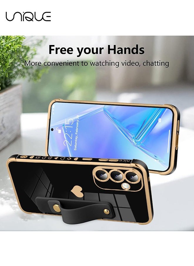 Unique Compatible with Samsung Galaxy A55 Case - Adjustable Wrist Strap Kickstand - Cute Heart Luxury Gold Plating Bumper - Women Girl Men Protective Case Cover - Black  - Image 5