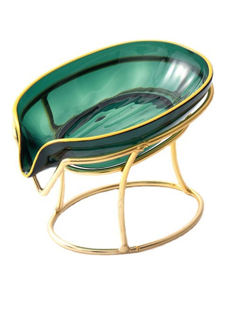 ECVV حامل صابون إبداعي ECVV حامل صابون ذاتي التصريف حامل مجوهرات صينية إسفنجية أطباق صابون بإطار ذهبي للاستحمام، الحمام، ديكور المنزل، ملحقات مطبخ الاستحمام بشكل ورقة (أخضر وذهبي) - Image 1