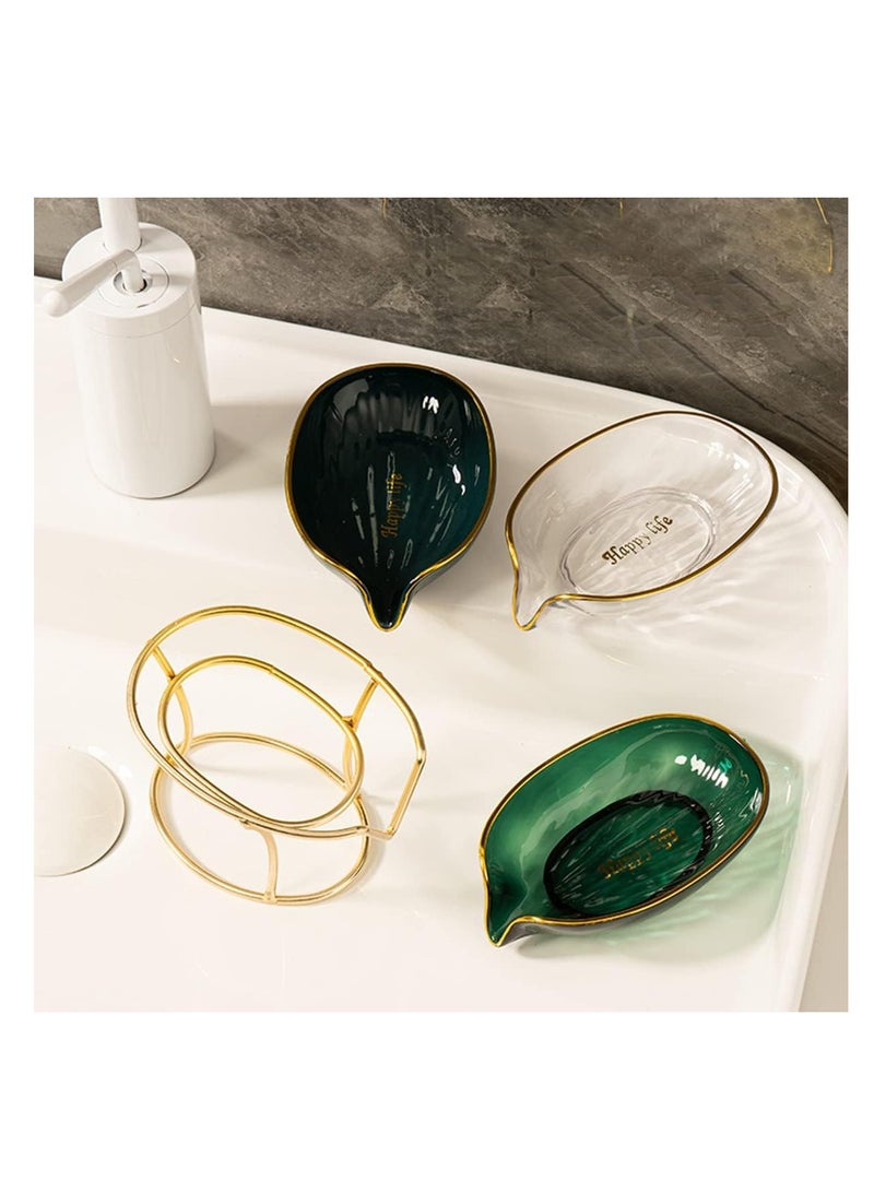 ECVV حامل صابون إبداعي ECVV حامل صابون ذاتي التصريف حامل مجوهرات صينية إسفنجية أطباق صابون بإطار ذهبي للاستحمام، الحمام، ديكور المنزل، ملحقات مطبخ الاستحمام بشكل ورقة (أخضر وذهبي) - Image 5