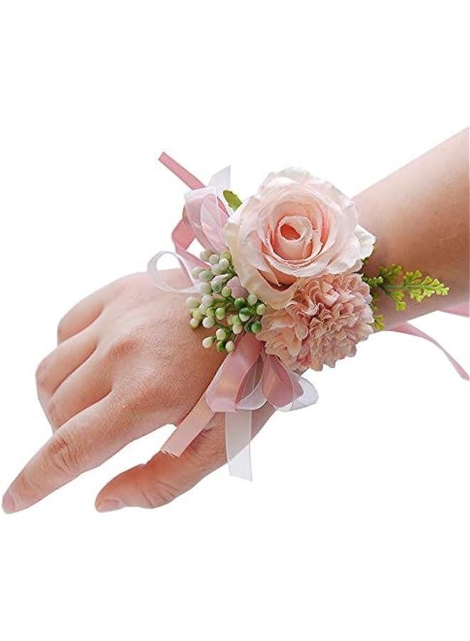 Wedding Bride Rose Wrist Corsage Pink Bridesmaids Wrist Flower Flowergirl Hand Floral Decor Bridal Prom Party Accessories for Women and Girls (Pink) - Image 1