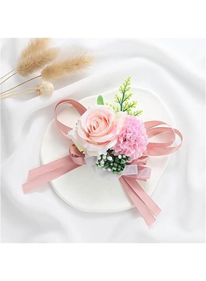 Wedding Bride Rose Wrist Corsage Pink Bridesmaids Wrist Flower Flowergirl Hand Floral Decor Bridal Prom Party Accessories for Women and Girls (Pink) - Image 2