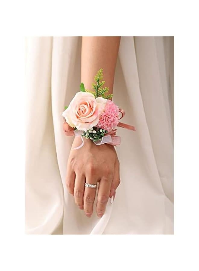 Wedding Bride Rose Wrist Corsage Pink Bridesmaids Wrist Flower Flowergirl Hand Floral Decor Bridal Prom Party Accessories for Women and Girls (Pink) - Image 3
