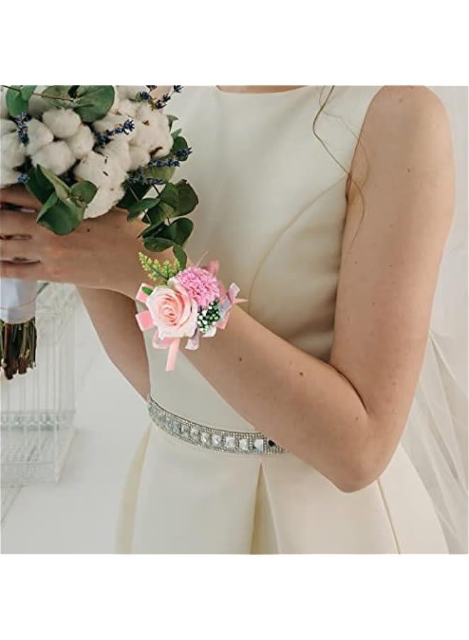 Wedding Bride Rose Wrist Corsage Pink Bridesmaids Wrist Flower Flowergirl Hand Floral Decor Bridal Prom Party Accessories for Women and Girls (Pink) - Image 5