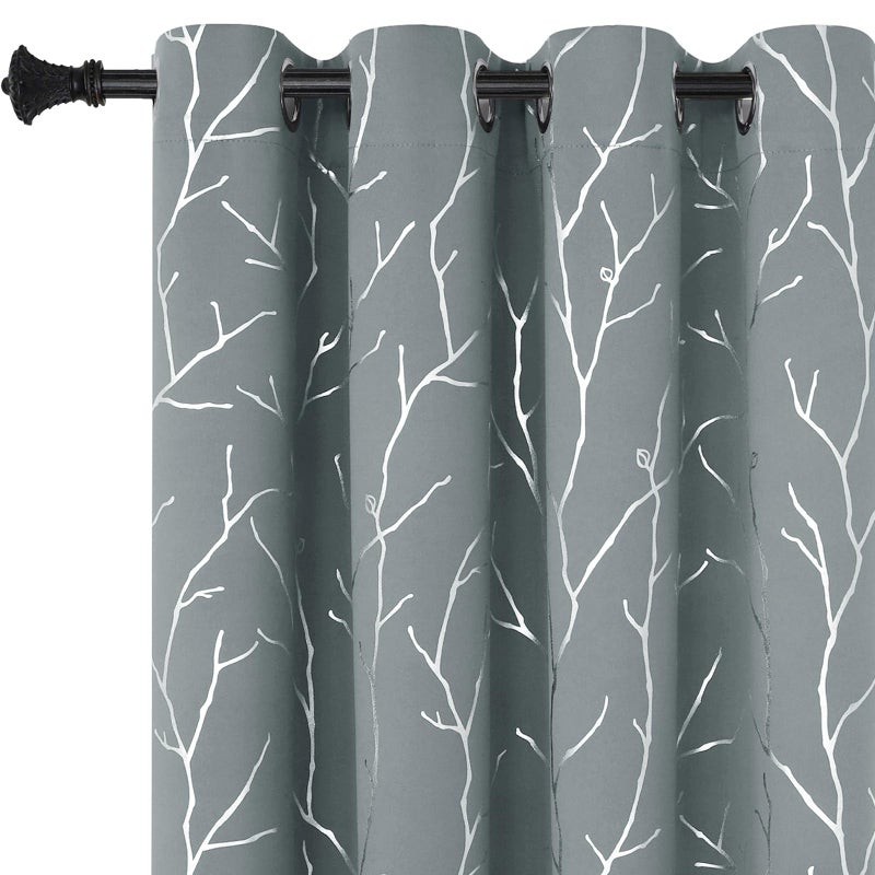 BUHUA Blackout Curtains Silver Foil Print Tree Branches Grommet Drapes Room Darkening Thermal Insulated Curtains Noise Reducing Blackout Curtain for Bedroom Light Grey 52Wx63L 2 Panels