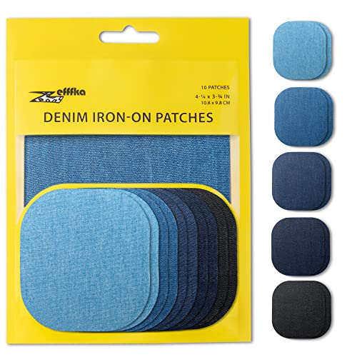 ZEFFFKA Denim Iron-on Jean Patches Inside & Outside Strongest Glue 100% Cotton Assorted Shades of Blue Black Repair Decorating Kit 10 Pieces Size 4-1/4" by 3-3/4" (9.8 cm x 10.8 cm) - Image 1
